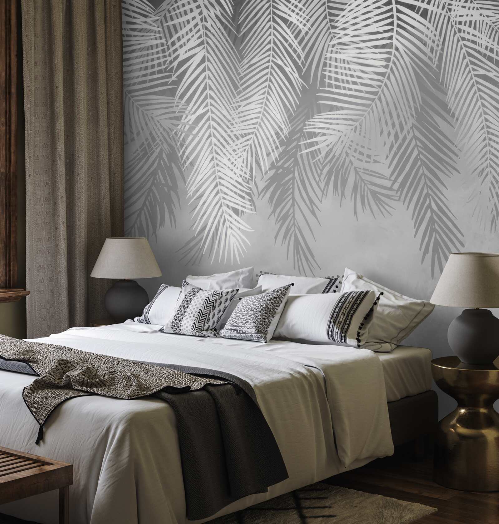 Papier peint grandes feuilles de fougère blanche pendantes