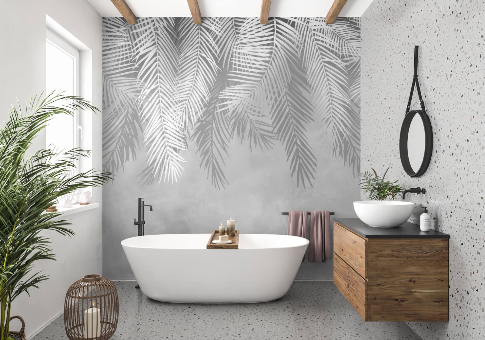 Papier peint grandes feuilles de fougère blanche pendantes