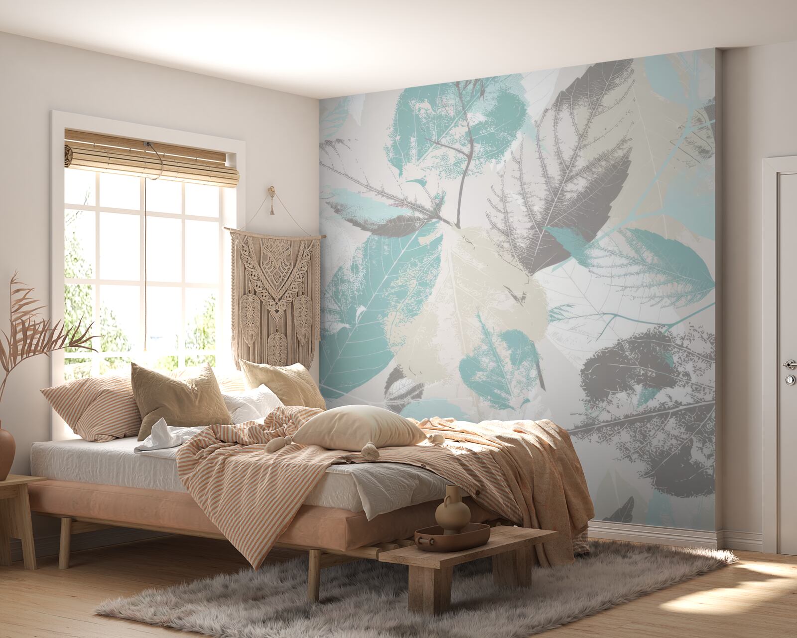 Papier peint feuilles peintes dans une teinte claire