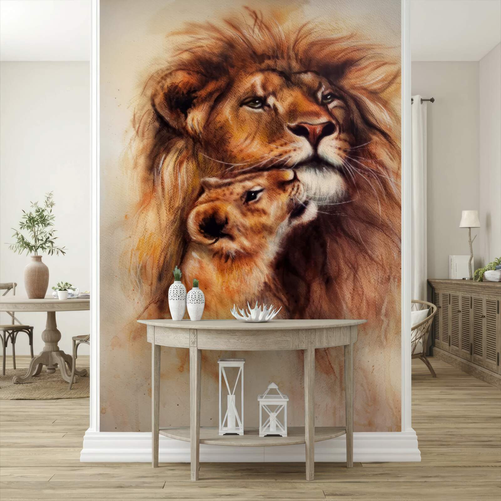 Papier peint un lion adulte et ses petits