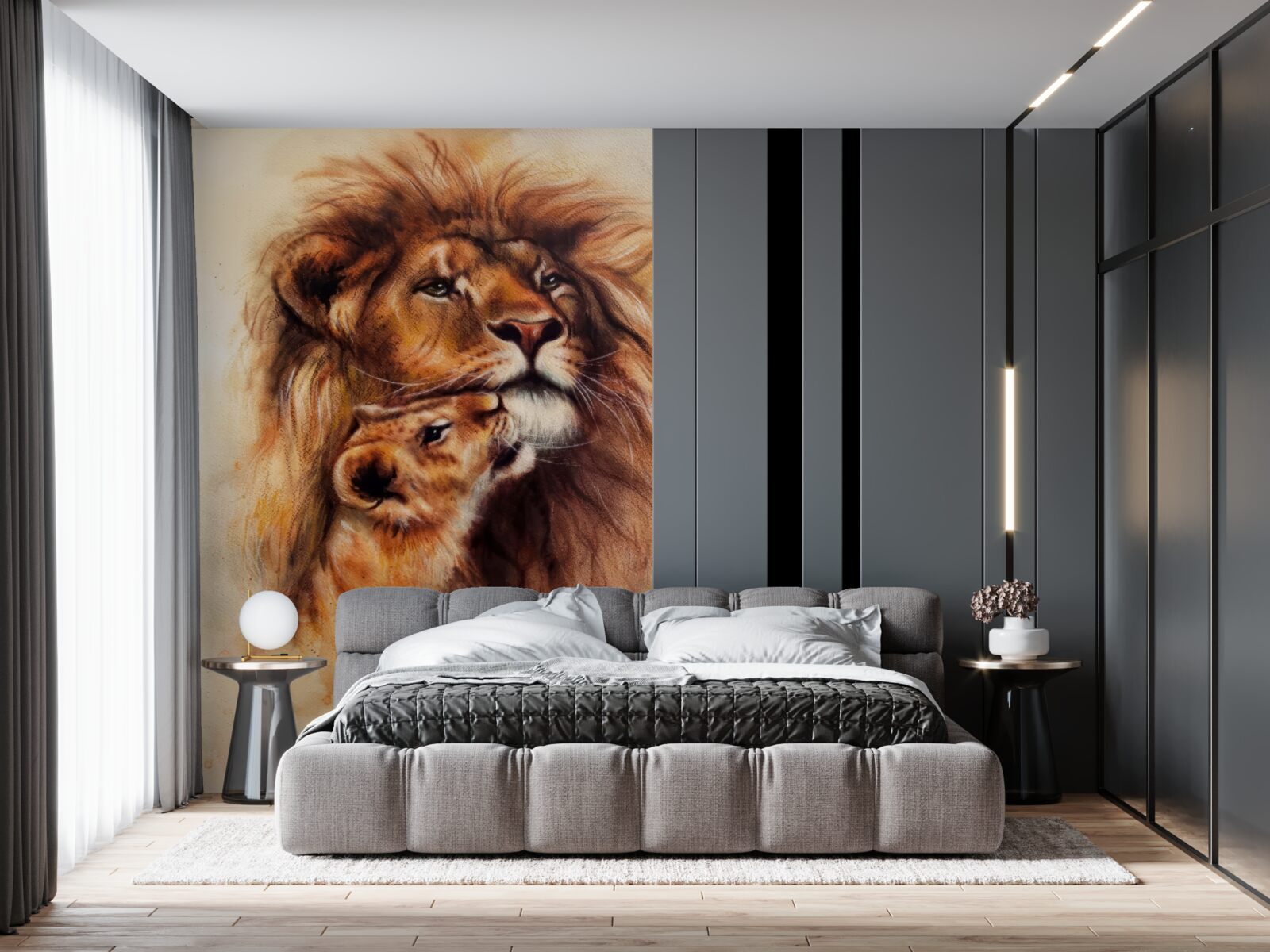 Papier peint un lion adulte et ses petits