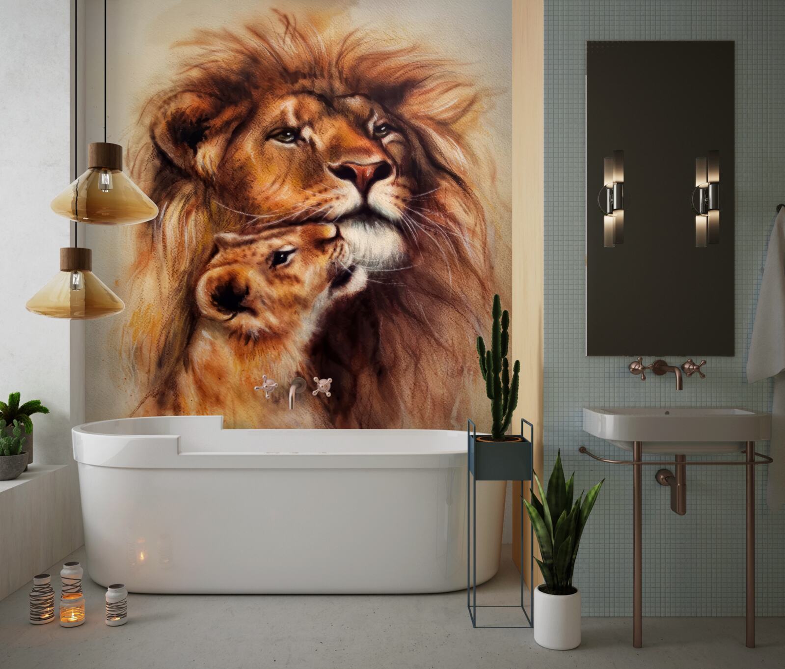 Papier peint un lion adulte et ses petits