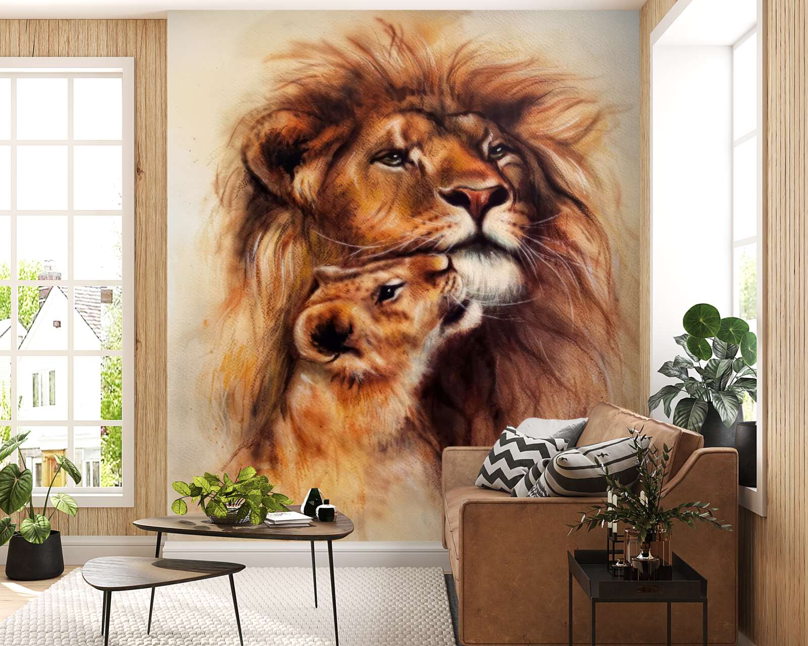 Papier peint un lion adulte et ses petits