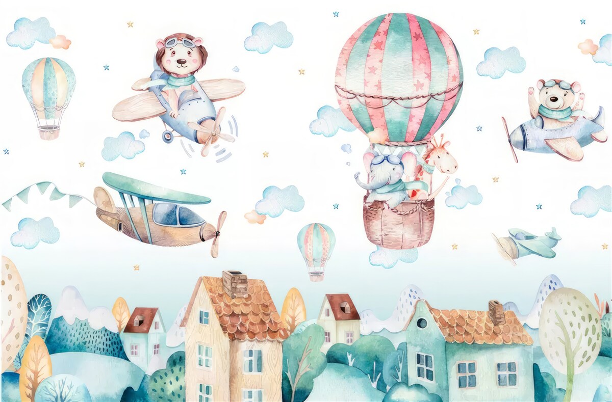 Papier peint les animaux survolent les maisons avec des véhicules