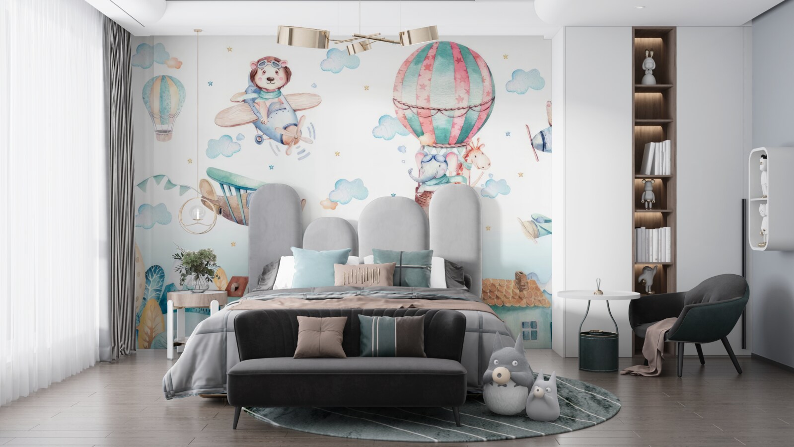 Papier peint les animaux survolent les maisons avec des véhicules