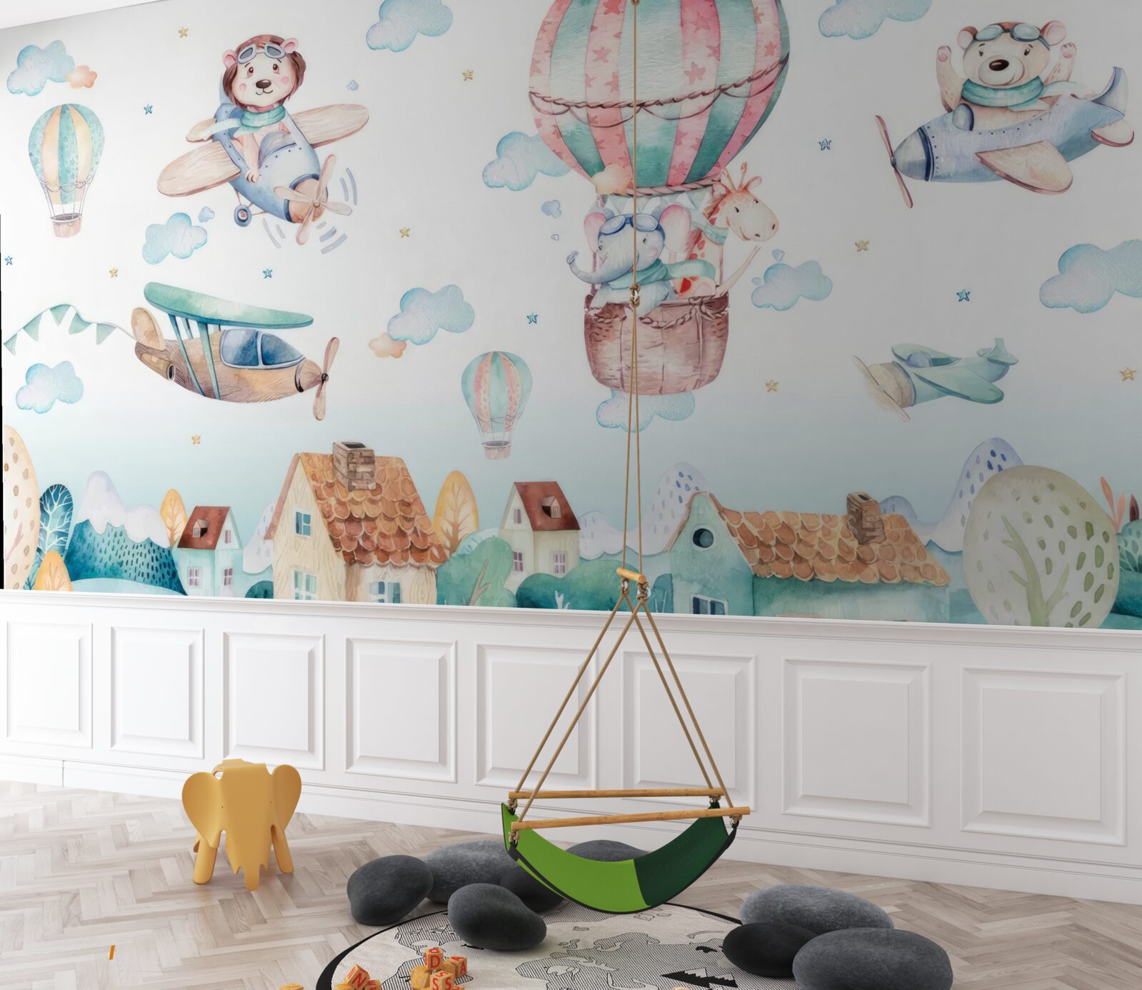 Papier peint les animaux survolent les maisons avec des véhicules