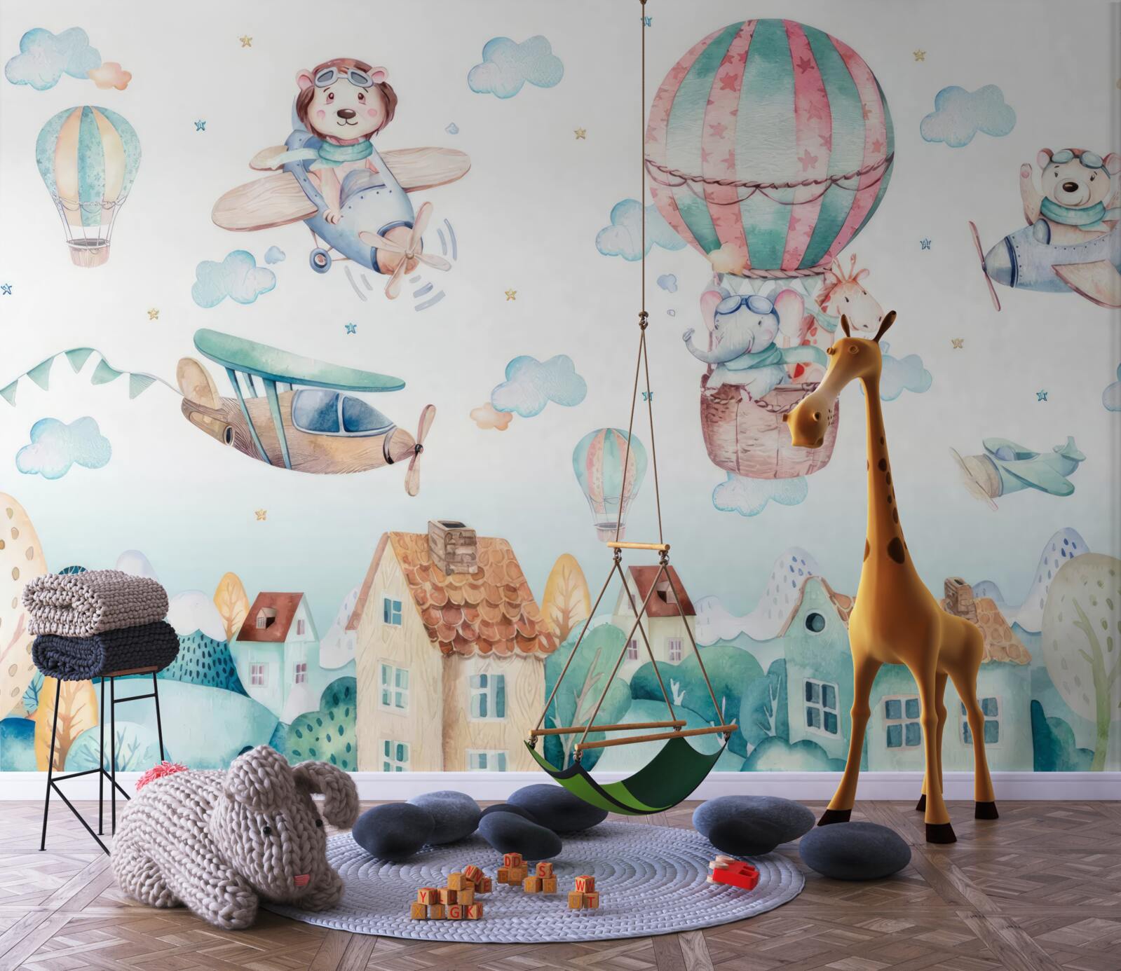 Papier peint les animaux survolent les maisons avec des véhicules