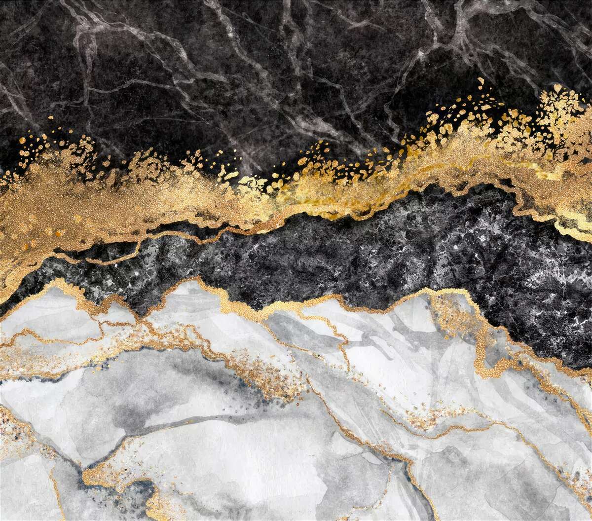 Papier peint marbre dans les tons noir, blanc et or