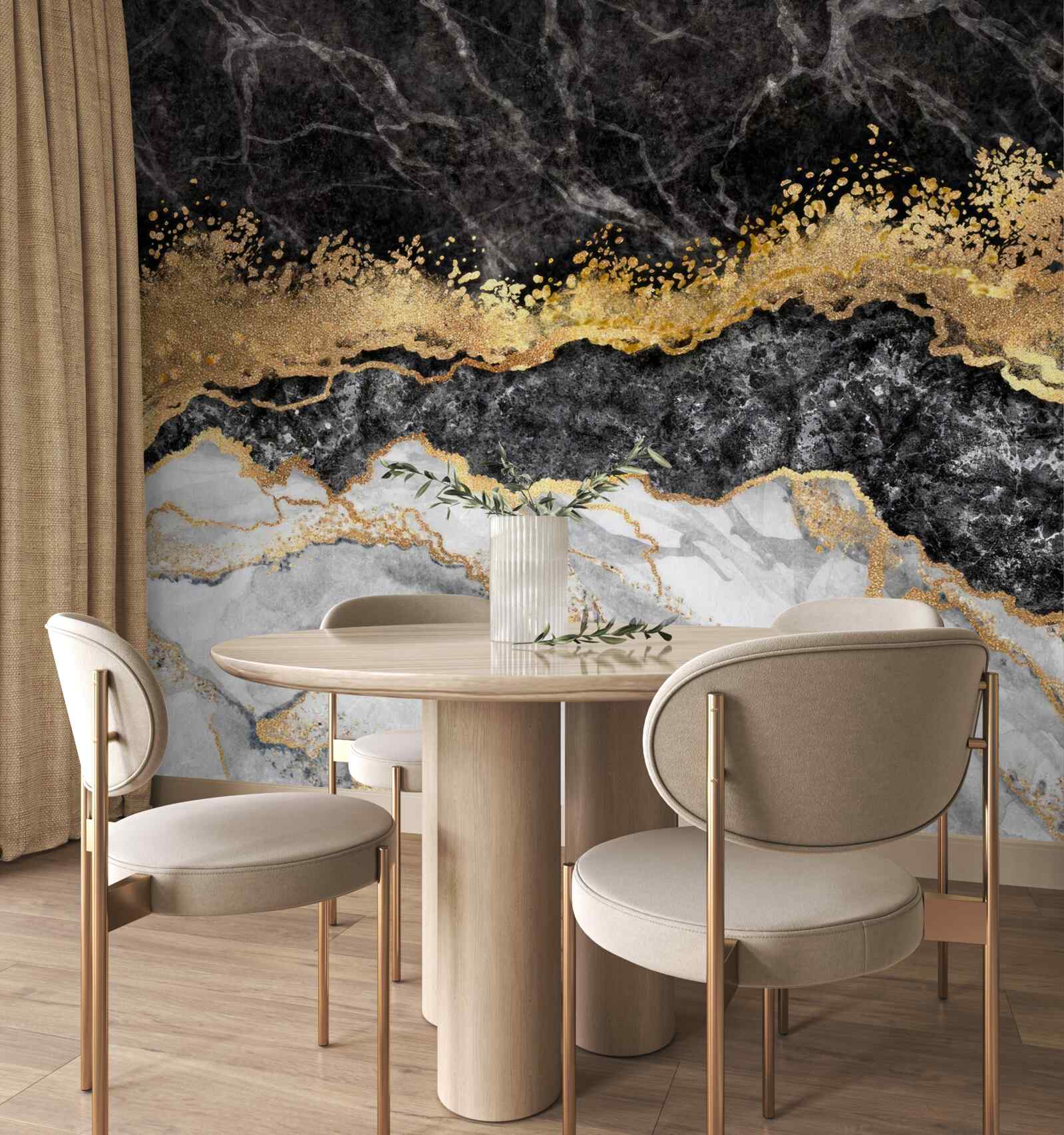 Papier peint marbre dans les tons noir, blanc et or