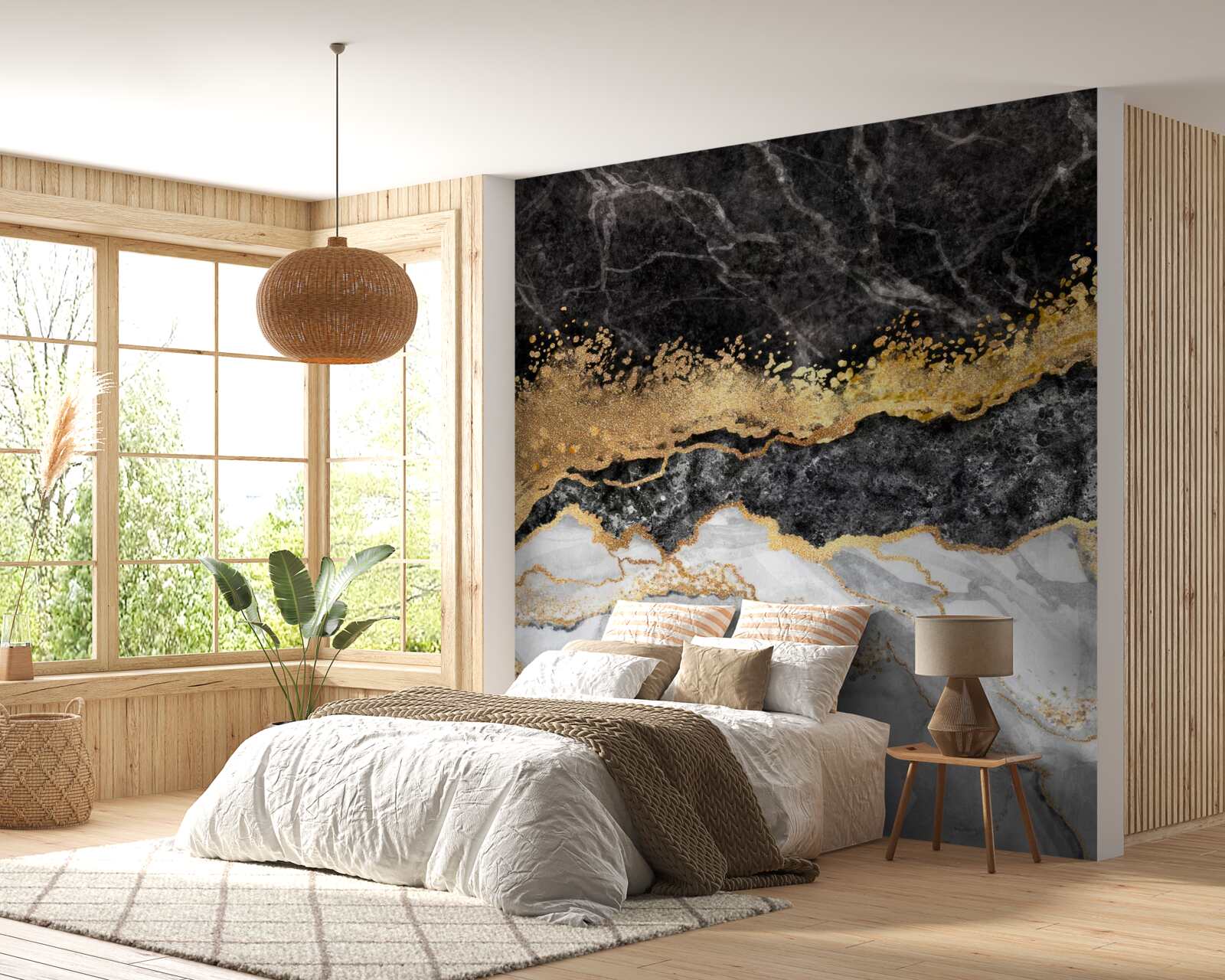 Papier peint marbre dans les tons noir, blanc et or