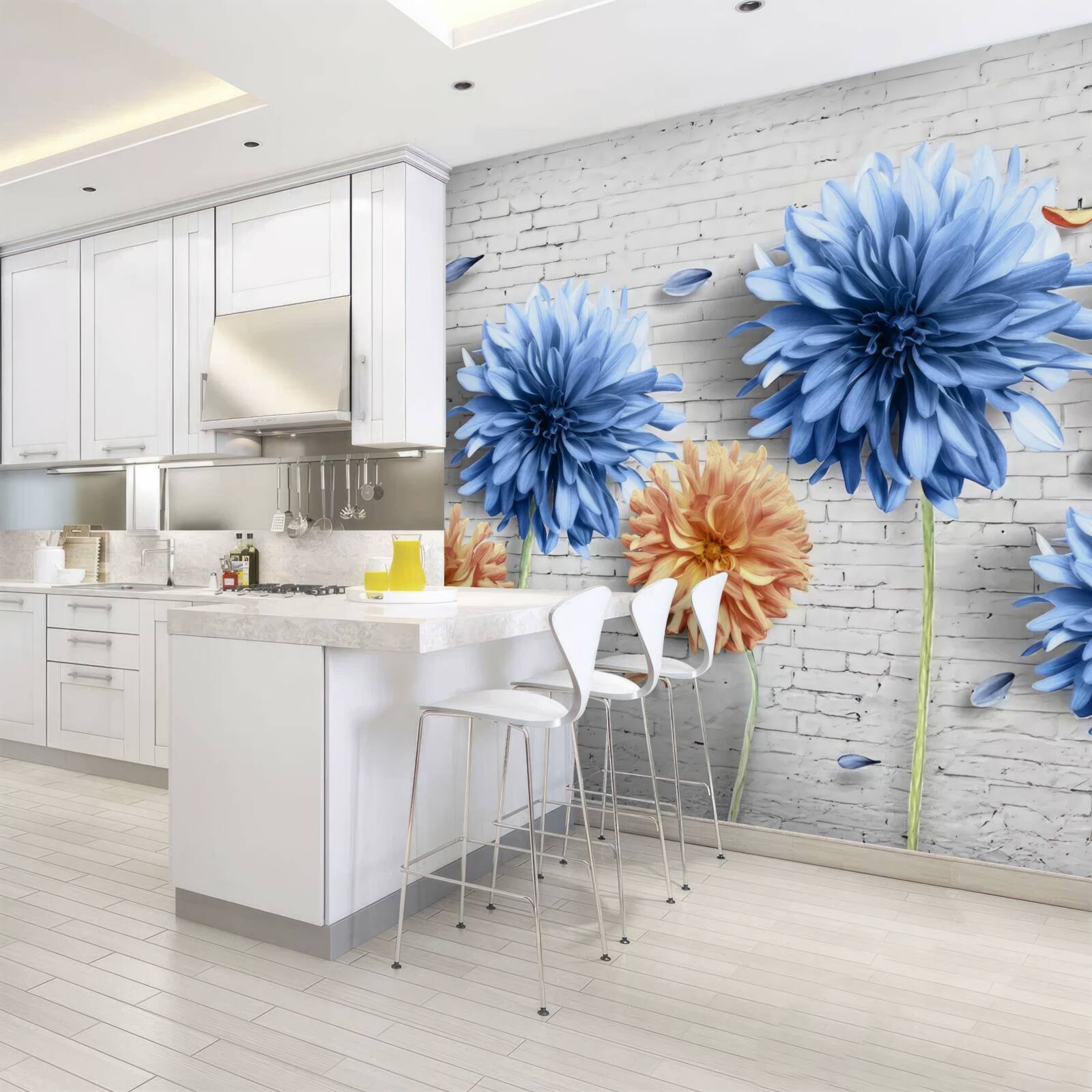 Papier peint Fleurs dans les tons de brun et de bleu sur un fond de brique