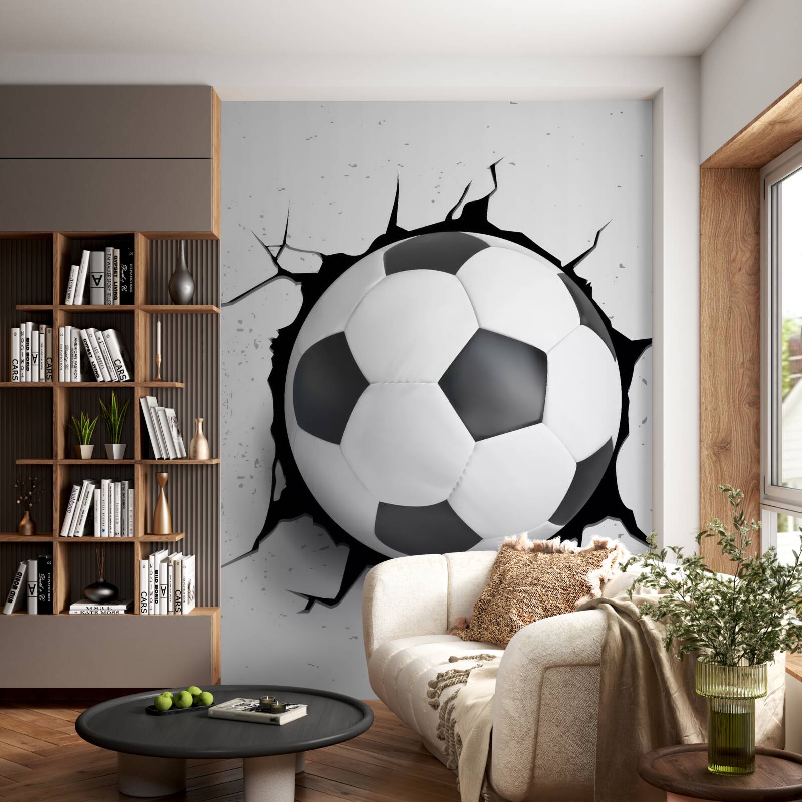 Papier peint un ballon de football dépasse du mur