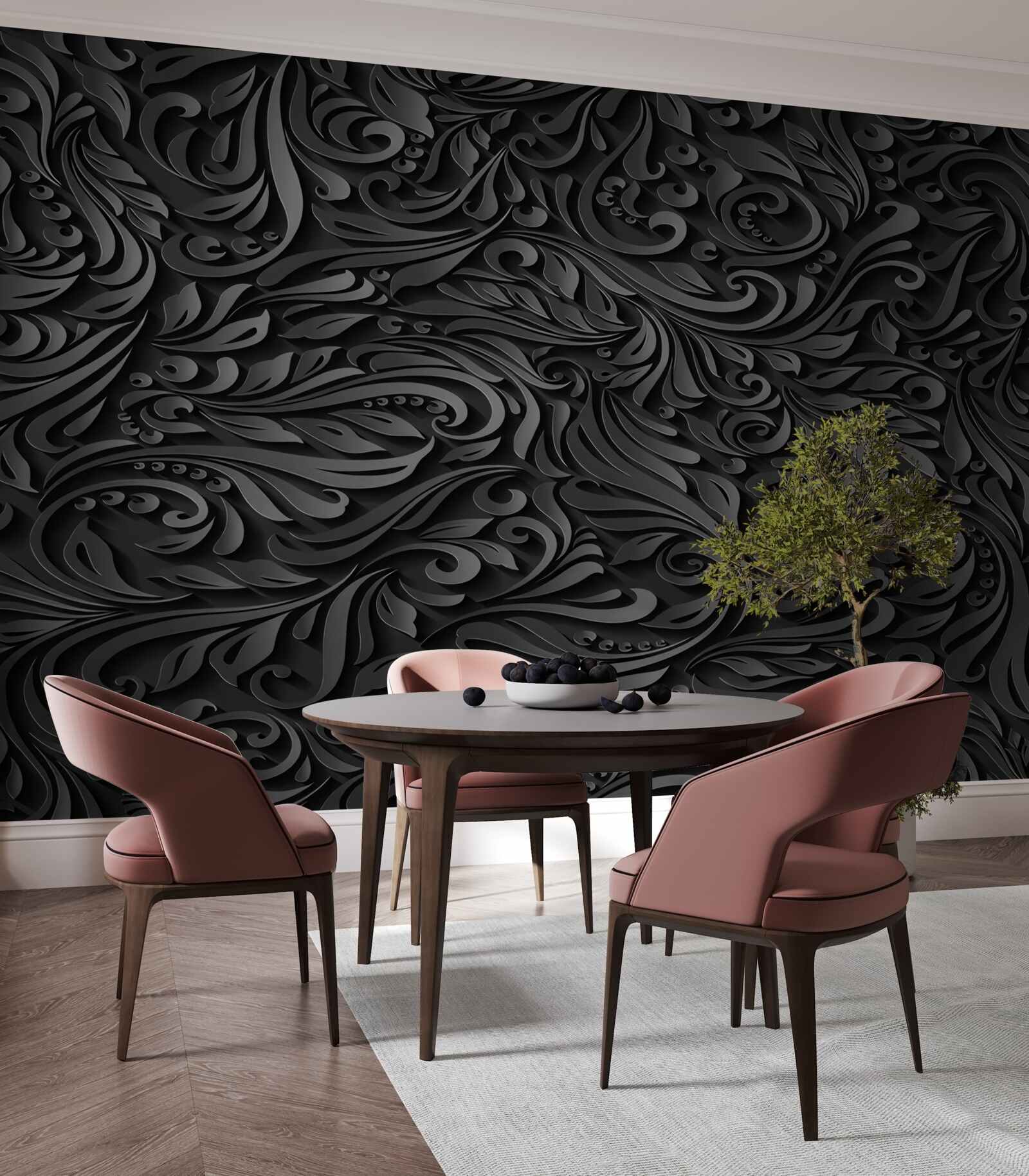 Papier peint boucles noires de formes variées