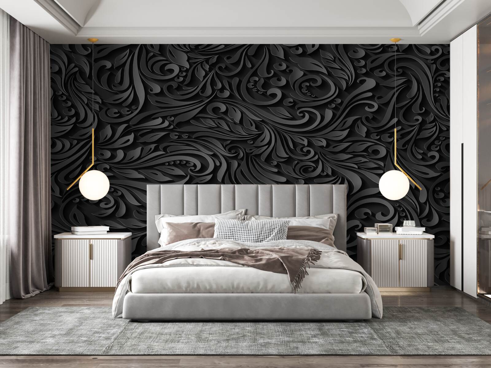 Papier peint boucles noires de formes variées