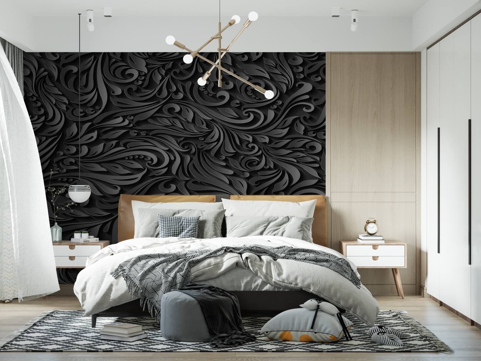 Papier peint boucles noires de formes variées