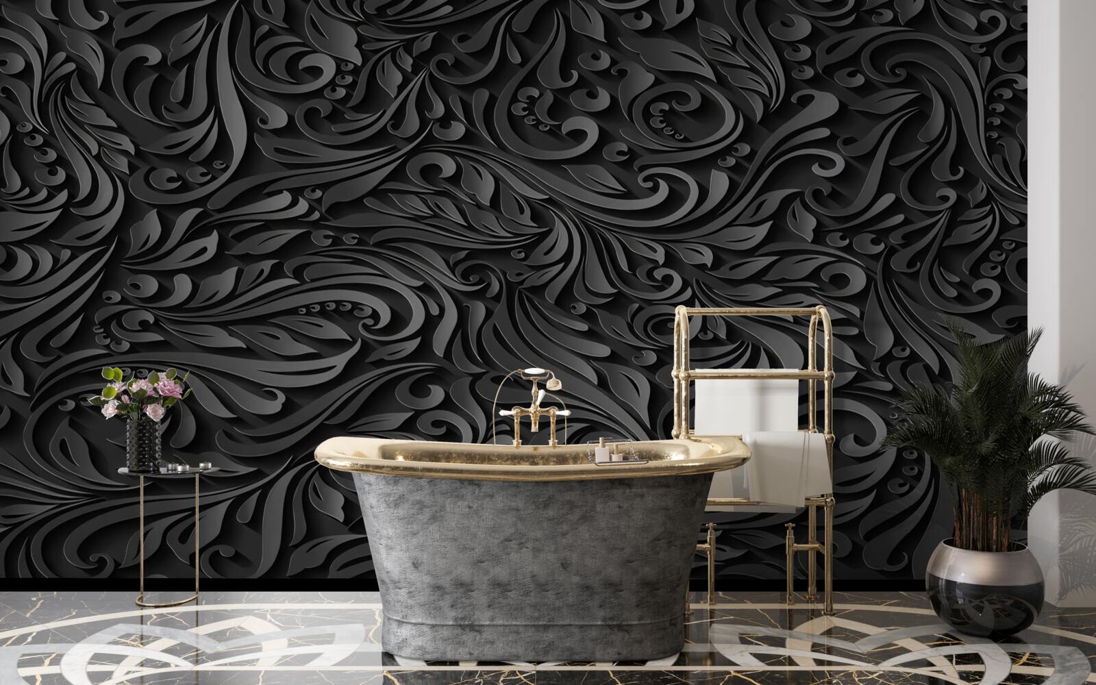 Papier peint boucles noires de formes variées