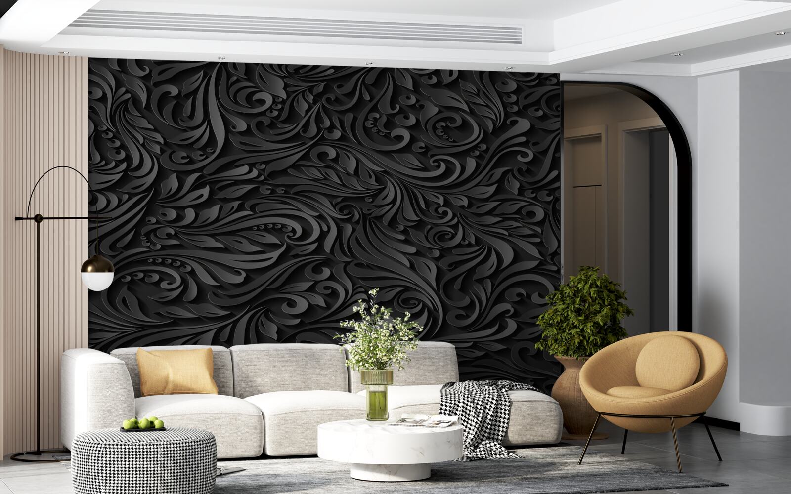 Papier peint boucles noires de formes variées