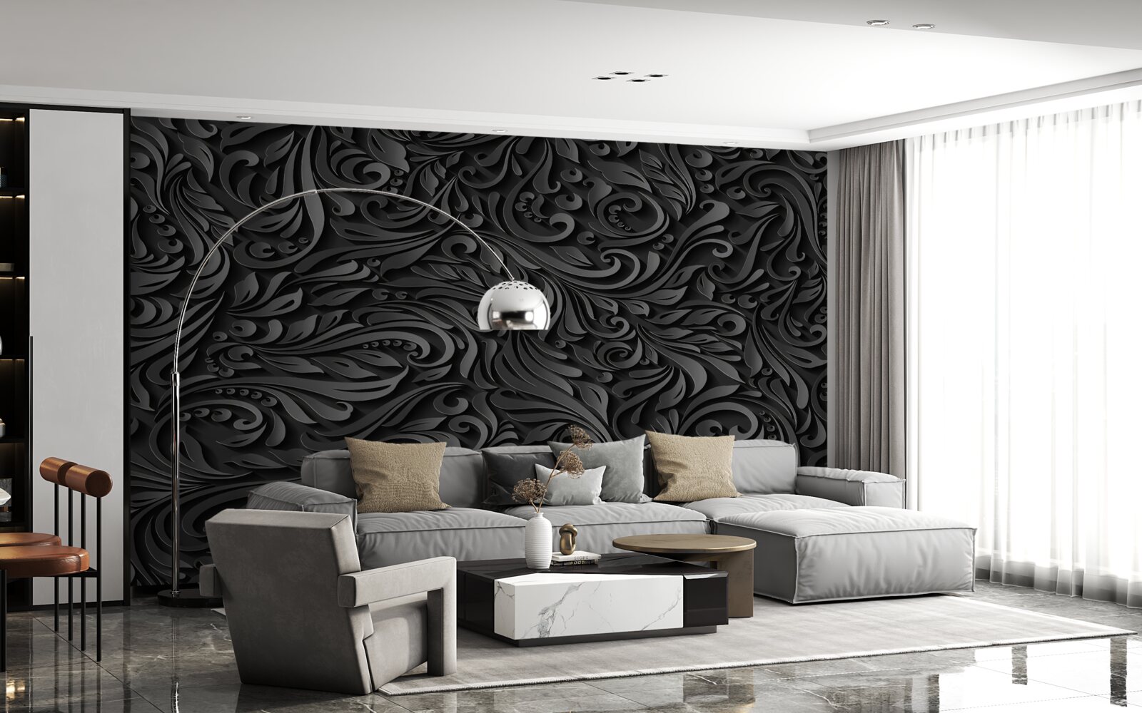 Papier peint boucles noires de formes variées