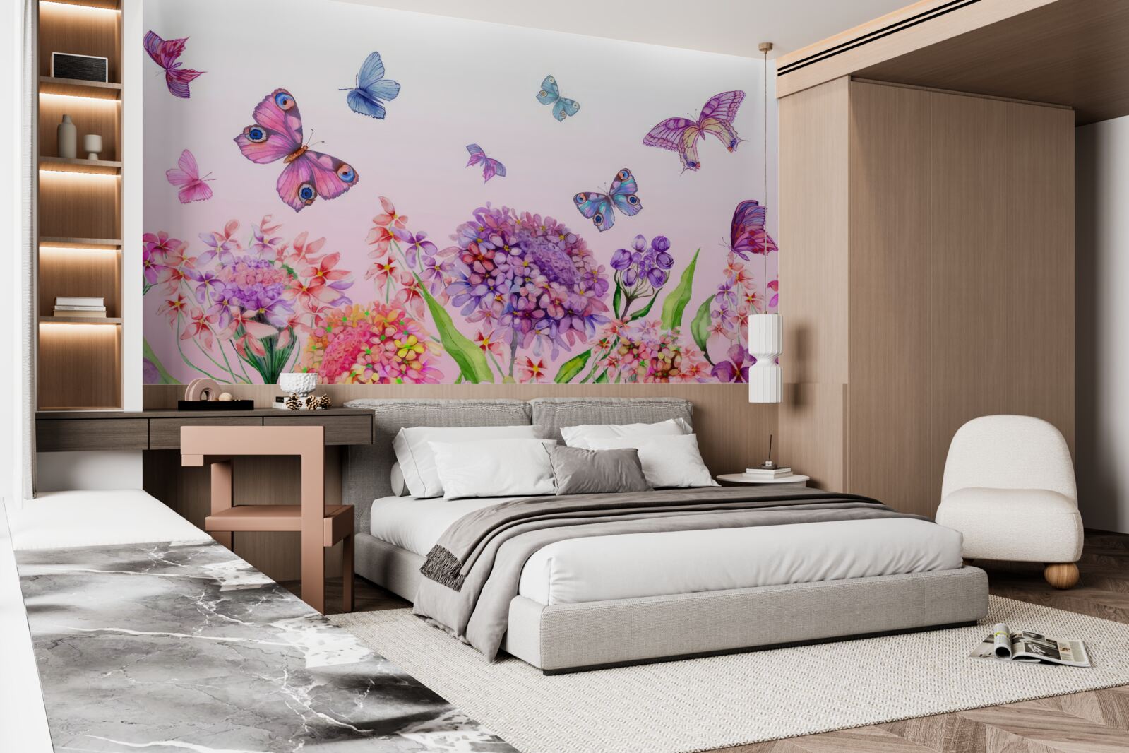 Papier peint les papillons volent au-dessus des fleurs