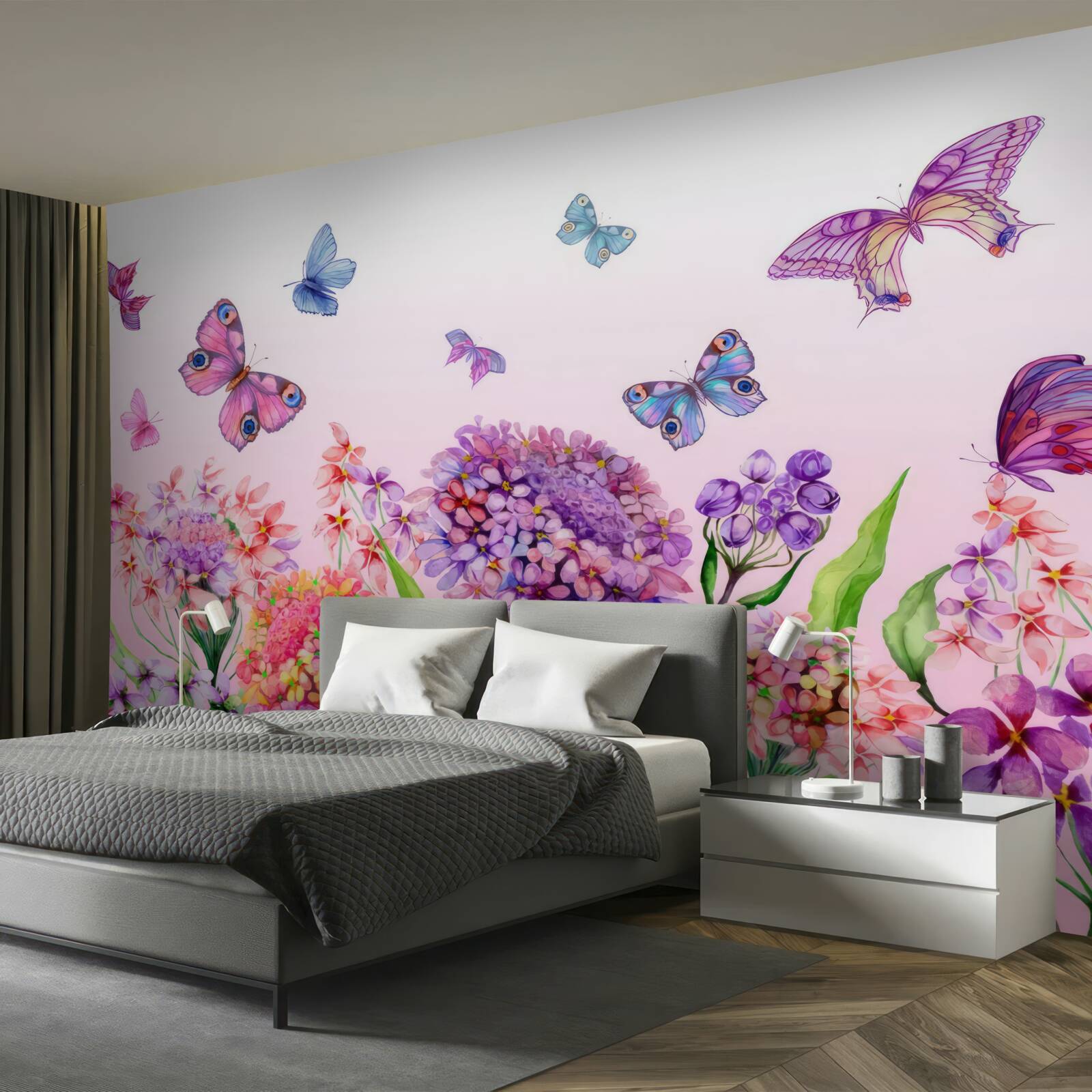 Papier peint les papillons volent au-dessus des fleurs