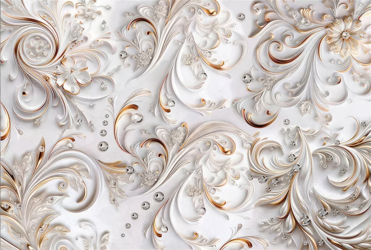 Papier peint fleurs blanches avec des boucles dorées et des éléments volumétriques