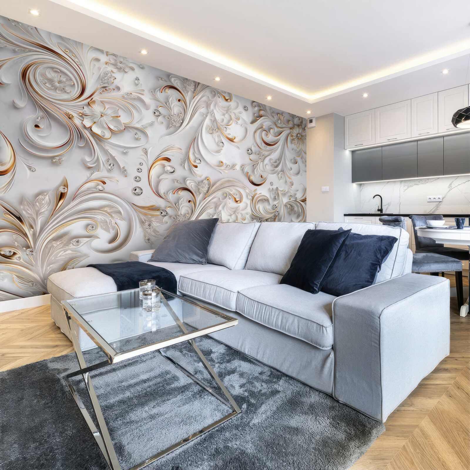 Papier peint fleurs blanches avec des boucles dorées et des éléments volumétriques