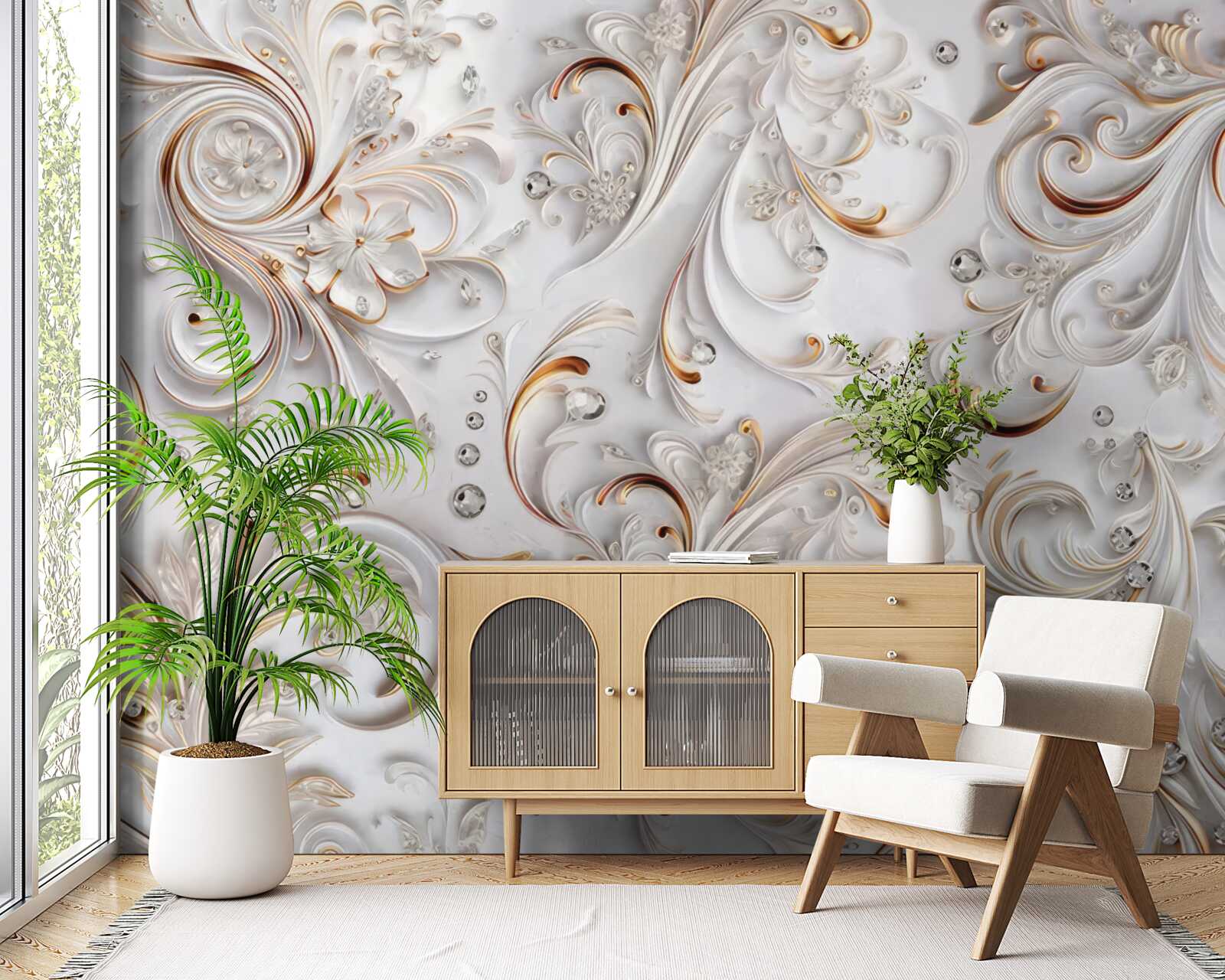 Papier peint fleurs blanches avec des boucles dorées et des éléments volumétriques