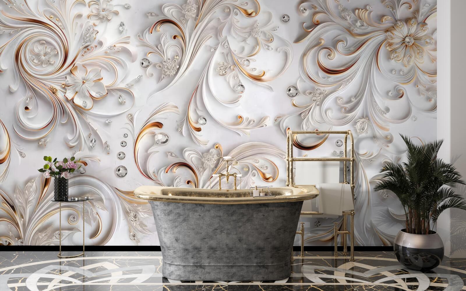 Papier peint fleurs blanches avec des boucles dorées et des éléments volumétriques