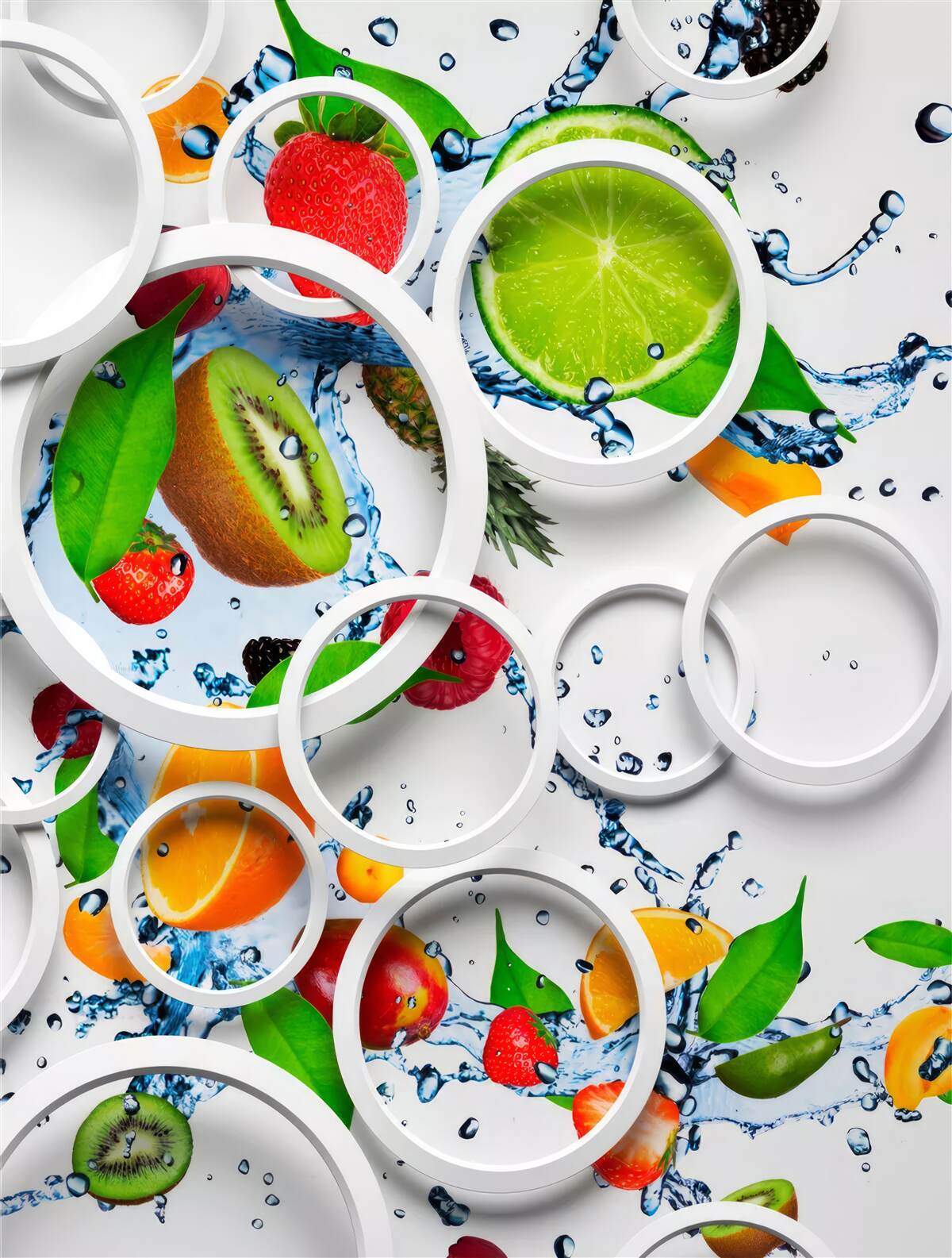 Papier peint cercles volumétriques blancs et fruits