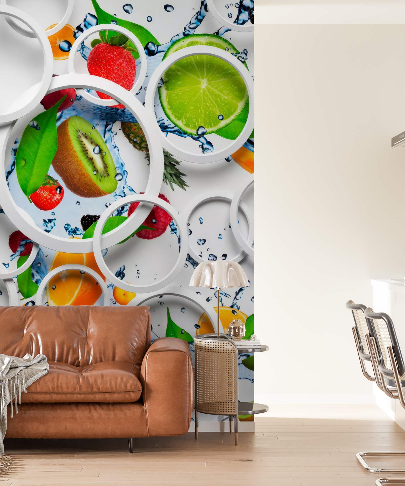 Papier peint cercles volumétriques blancs et fruits