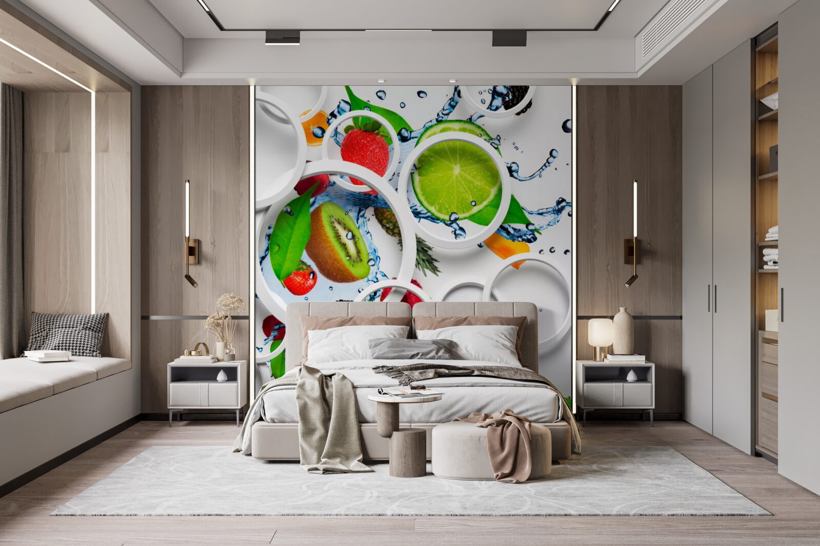 Papier peint cercles volumétriques blancs et fruits