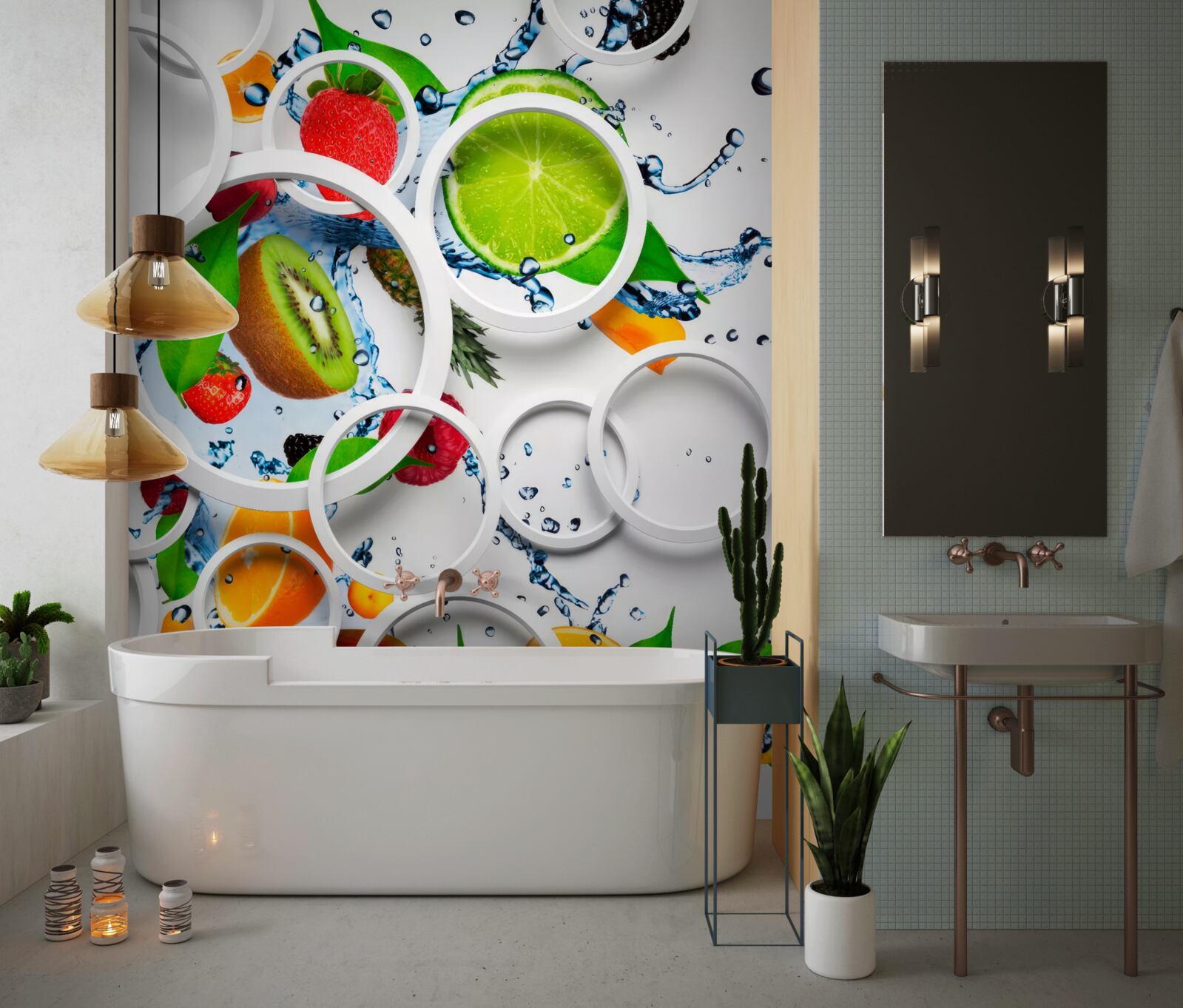 Papier peint cercles volumétriques blancs et fruits