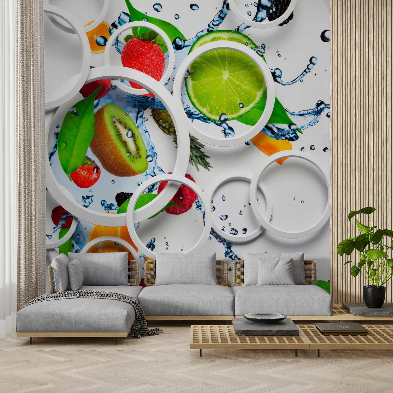 Papier peint cercles volumétriques blancs et fruits