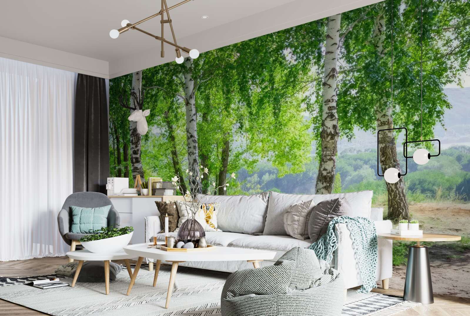 Papier peint une forêt de bouleaux verts