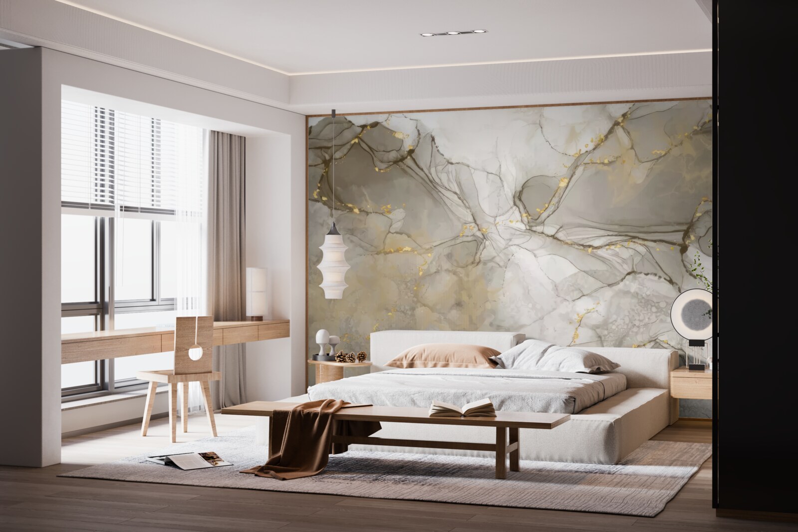 Papier peint blanc et gris avec marbre doré