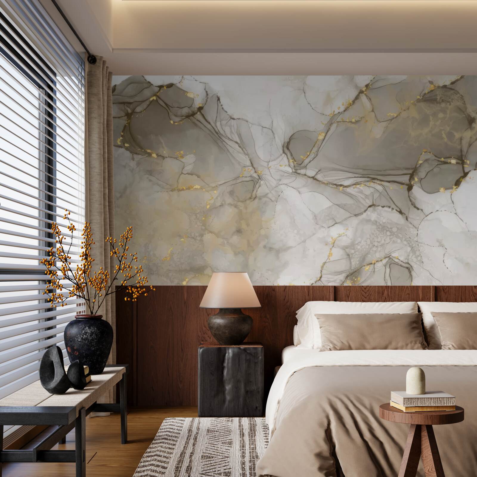 Papier peint blanc et gris avec marbre doré