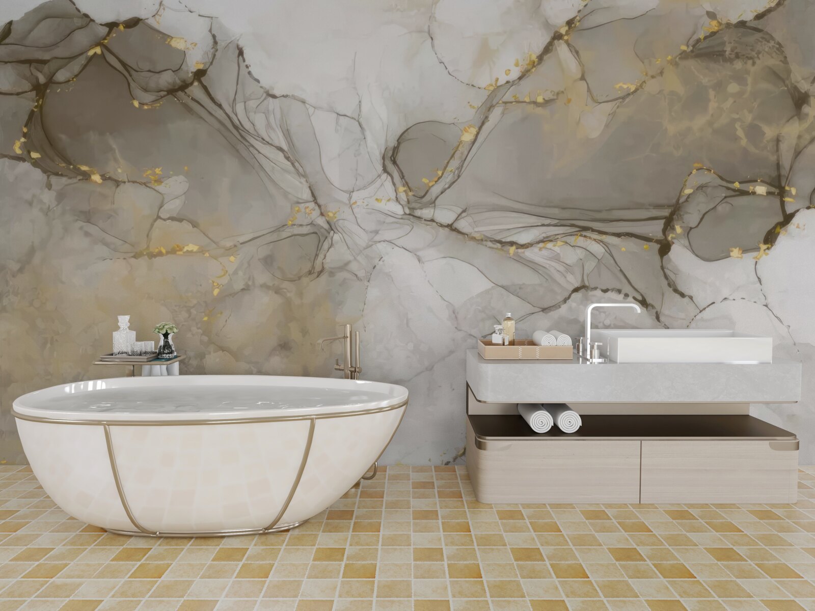 Papier peint blanc et gris avec marbre doré