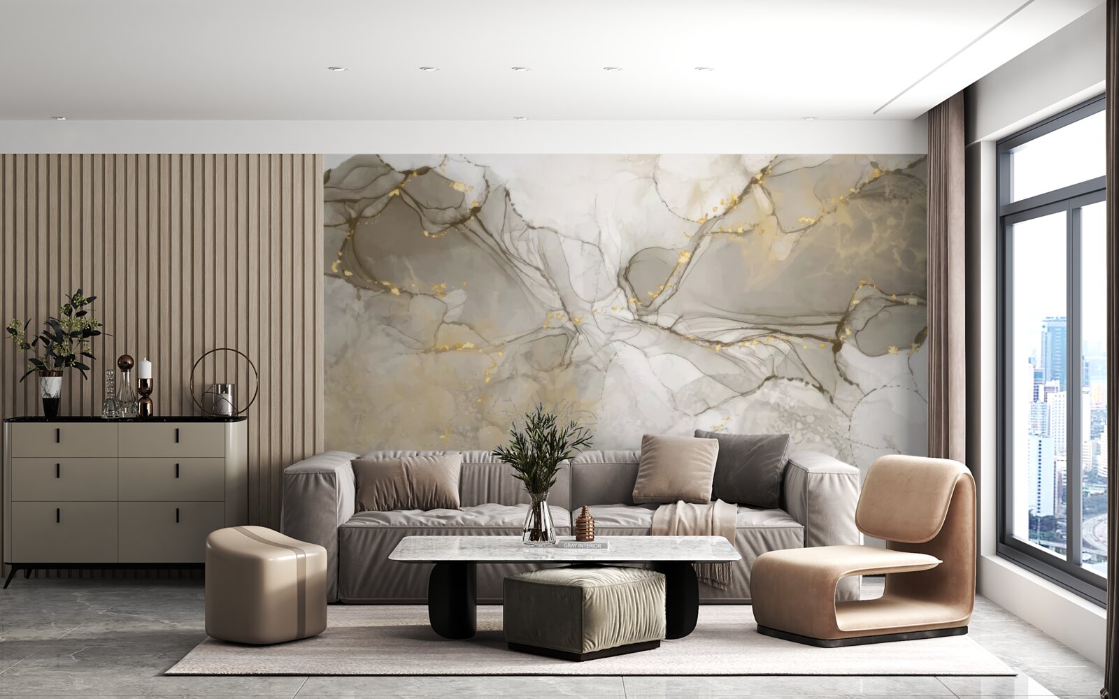 Papier peint blanc et gris avec marbre doré