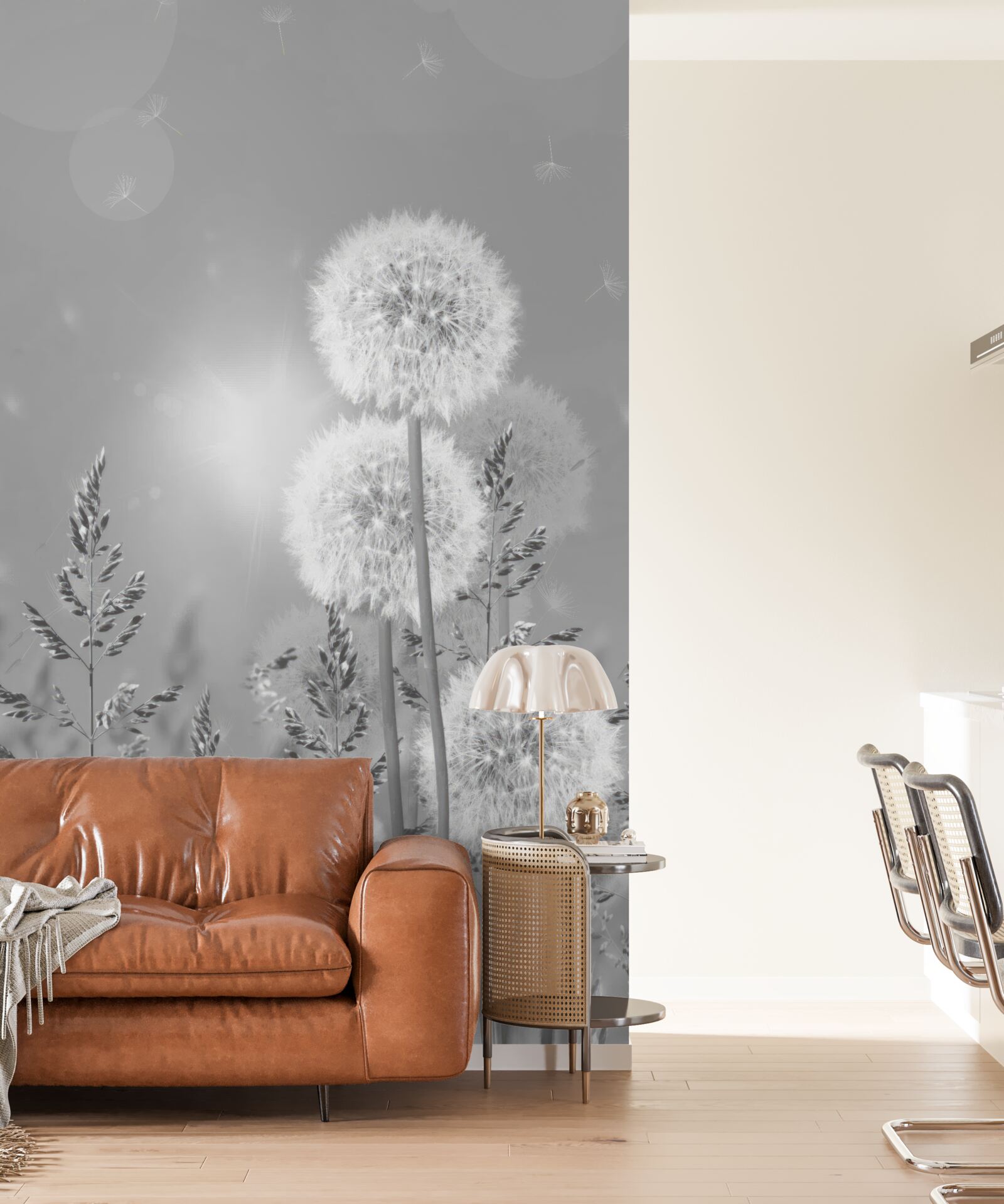 Papier peint pissenlits en noir et blanc