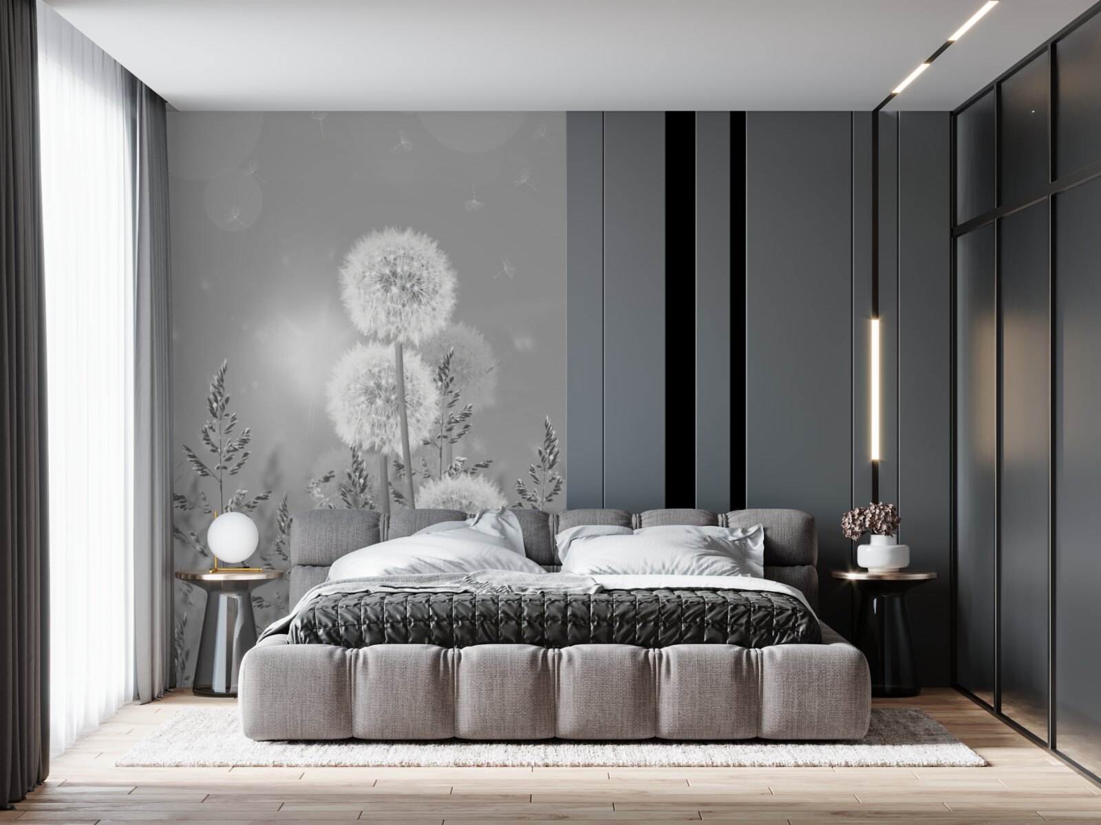 Papier peint pissenlits en noir et blanc