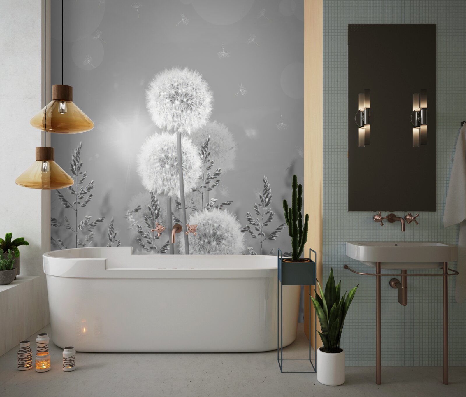 Papier peint pissenlits en noir et blanc