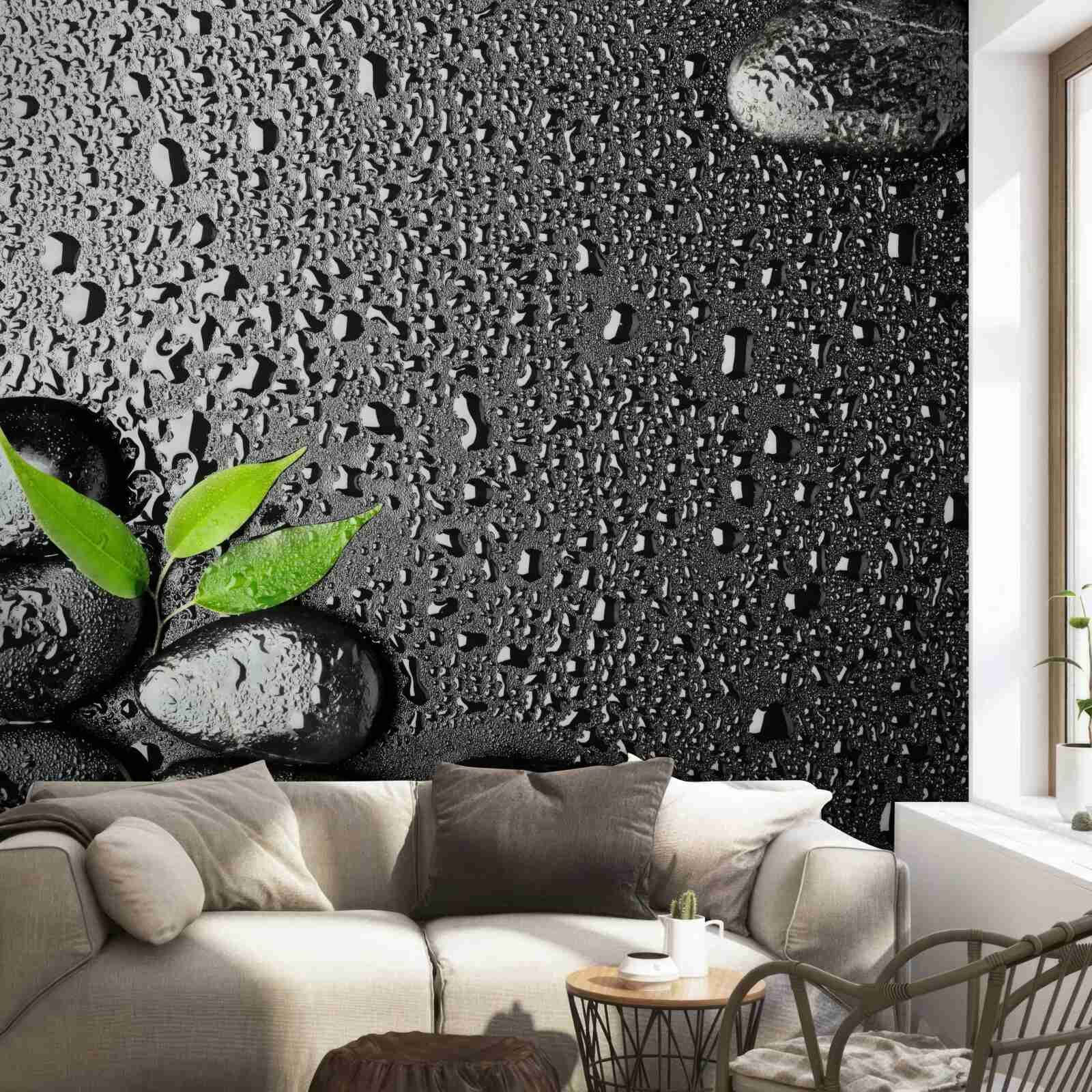 Papier peint feuilles vertes et pierres noires