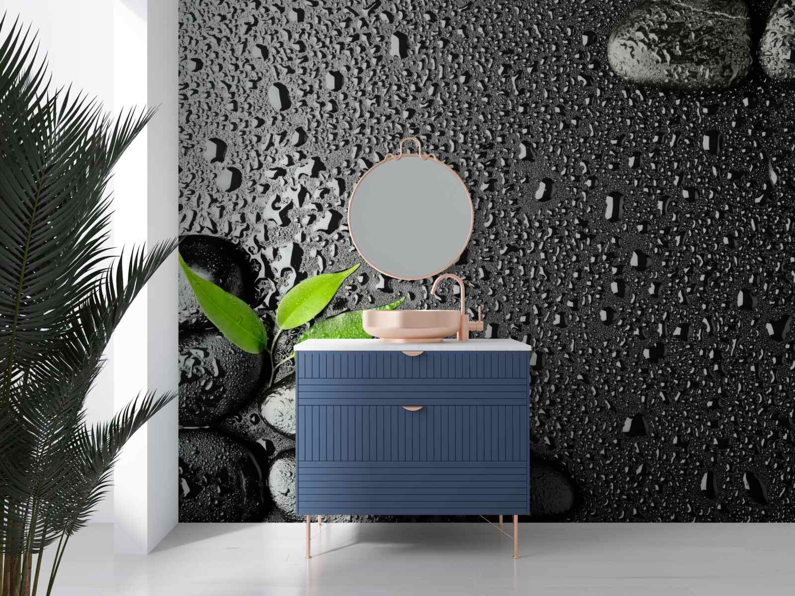 Papier peint feuilles vertes et pierres noires