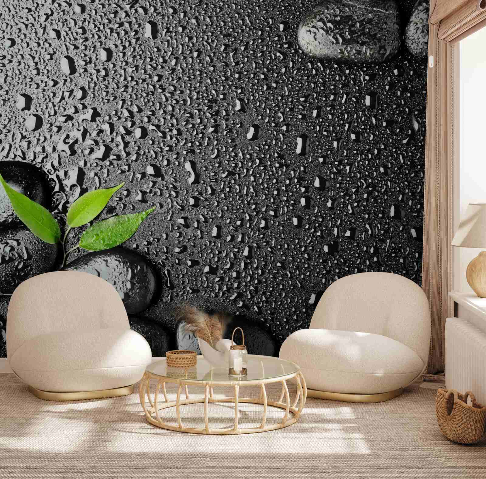 Papier peint feuilles vertes et pierres noires