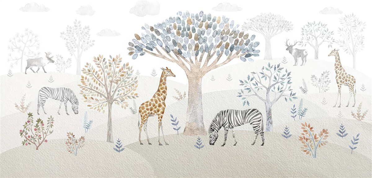 Papier peint la forêt abrite des girafes, des zèbres et des cerfs