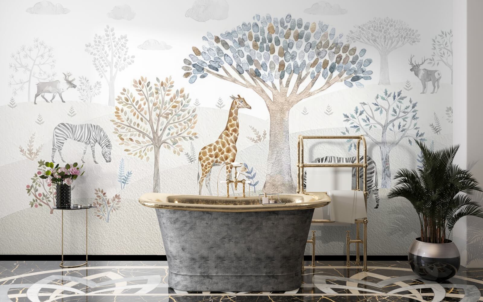 Papier peint la forêt abrite des girafes, des zèbres et des cerfs