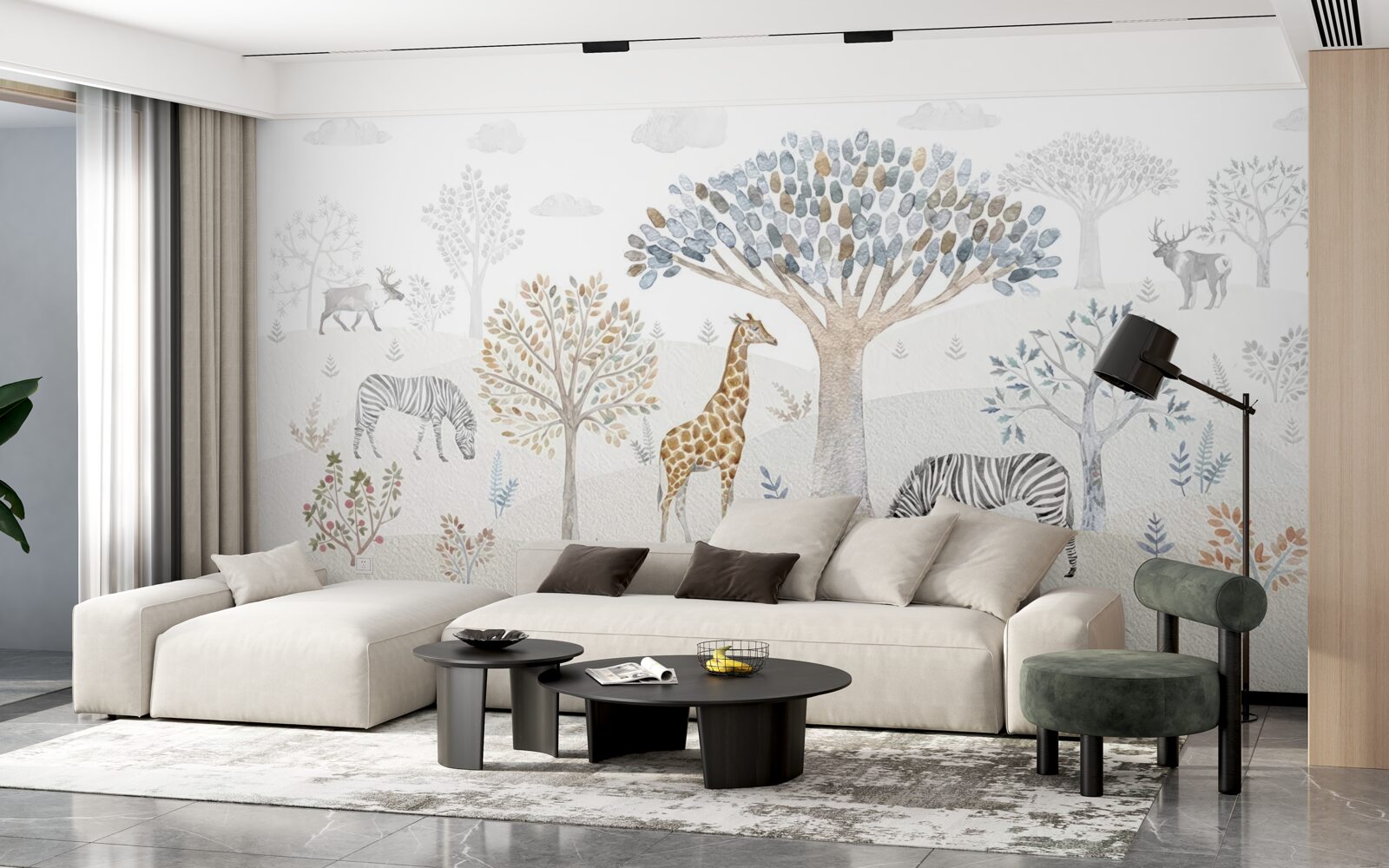 Papier peint la forêt abrite des girafes, des zèbres et des cerfs