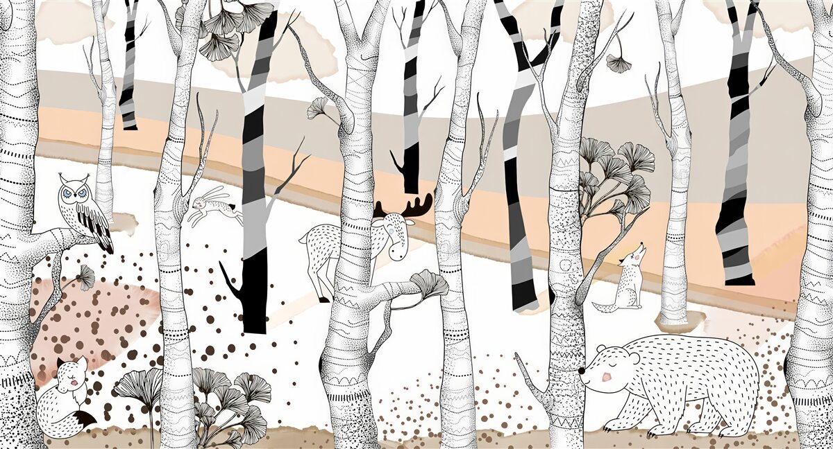 Papier peint a représenté des animaux parmi les arbres