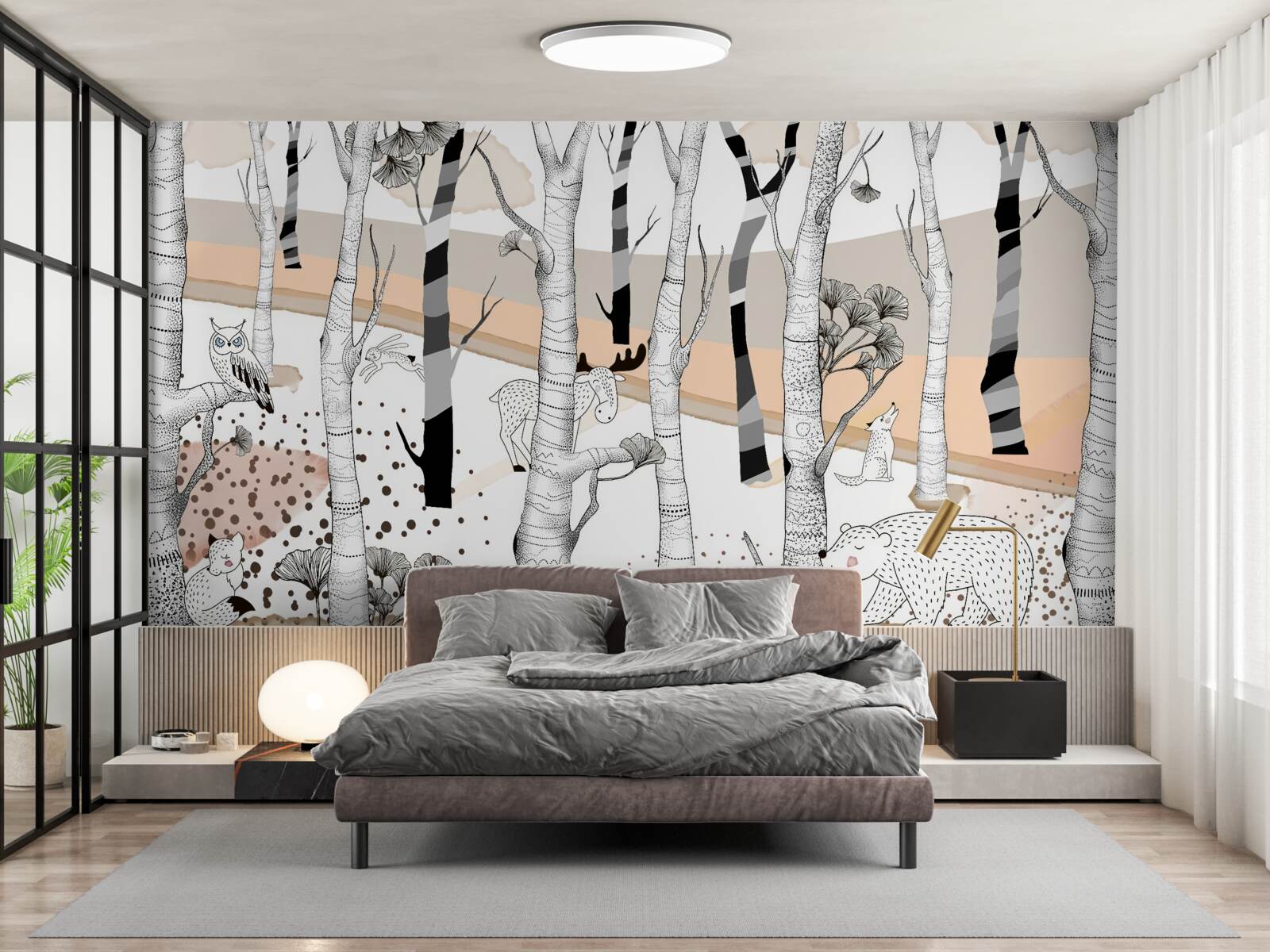 Papier peint a représenté des animaux parmi les arbres