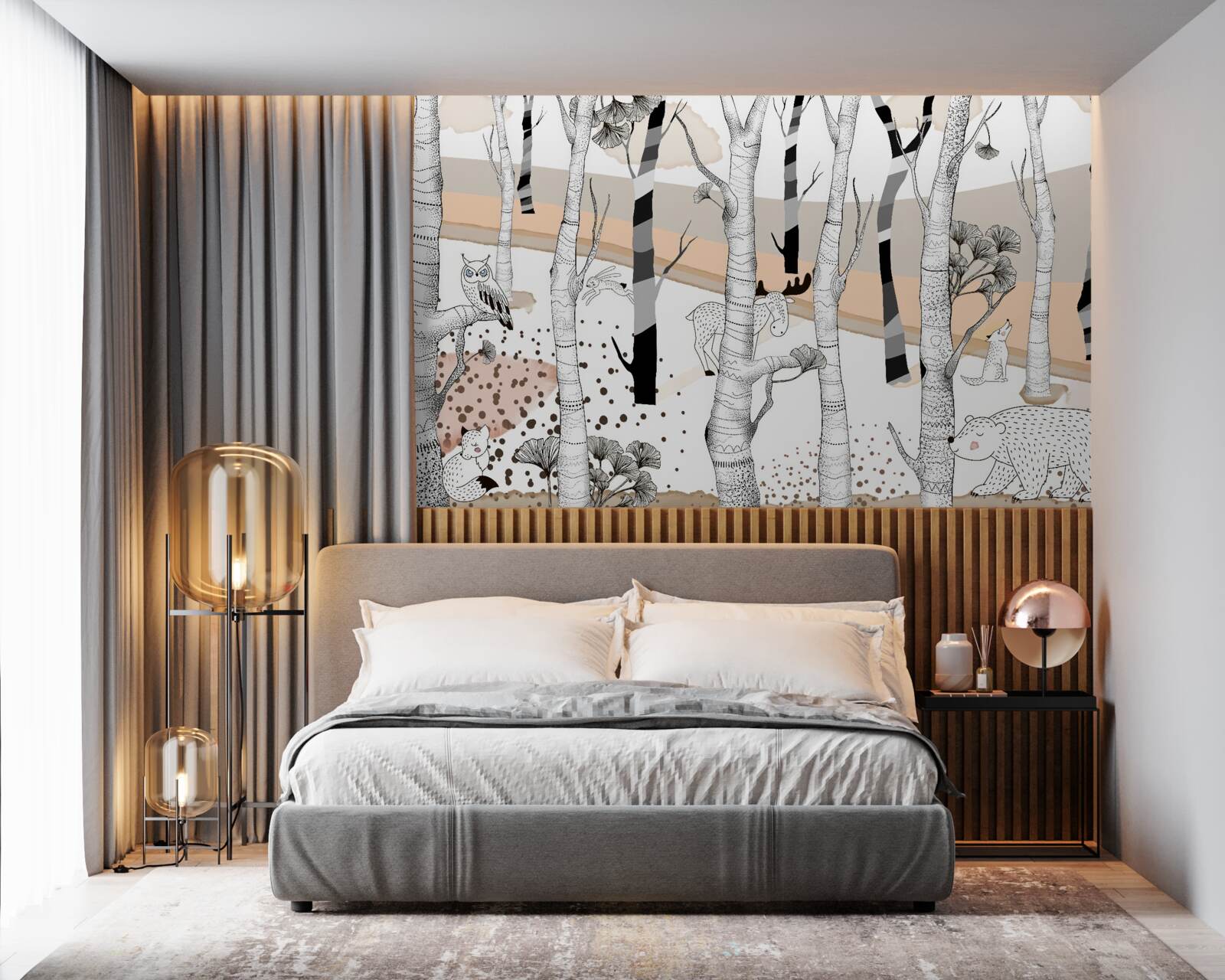 Papier peint a représenté des animaux parmi les arbres
